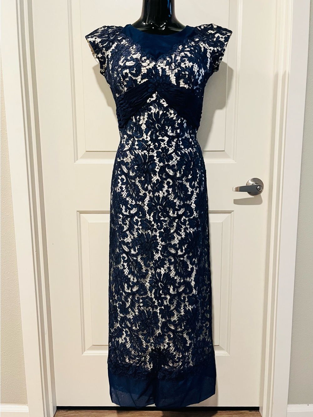 Navy Lace Maxi Dress with Cap Sleeves